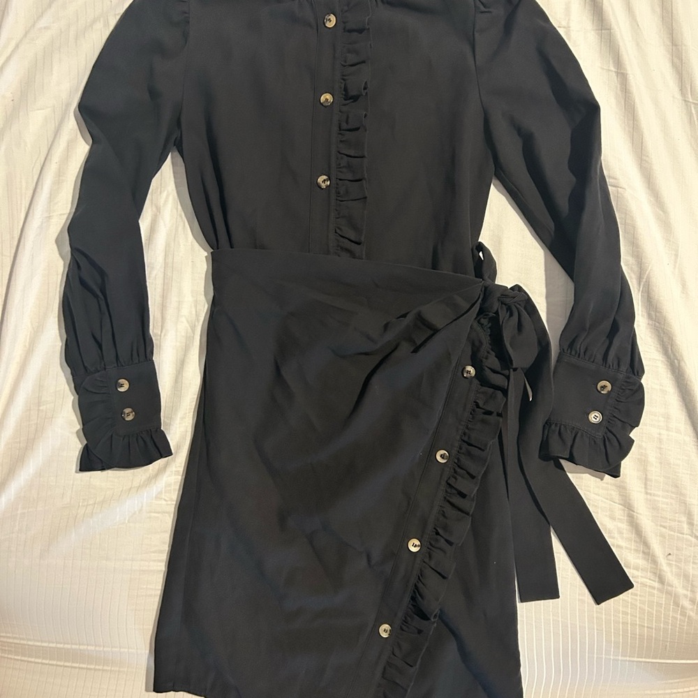 Goen J asymmetrical black Button-Up Dress with Ruffle Accents